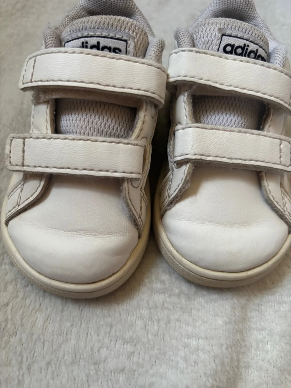 adidas Kids White Sneakers with Black Stripes Velcro